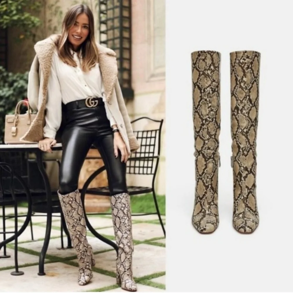 Last one! Zara * Snakeskin Print Knee High Heeled Boots - Picture 7 of 16